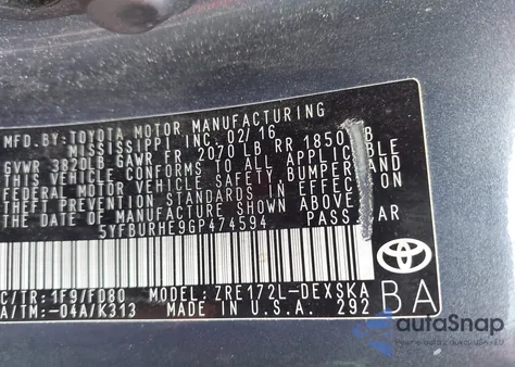 2016 Toyota Corolla S Plus z USA, uszkodzony, nr VIN 5YFBURHE9GP474594